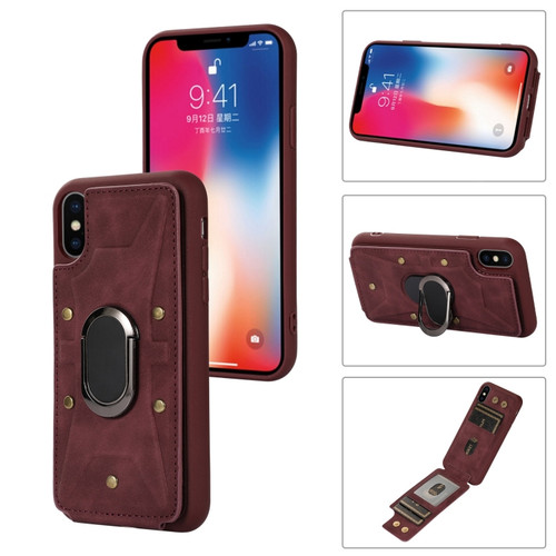 iPhone XS Max Armor Ring Wallet Back Cover Phone Case - Wine Red