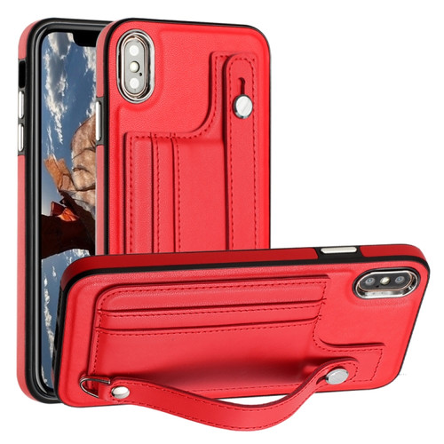 iPhone XS Max Shockproof Leather Phone Case with Wrist Strap - Red