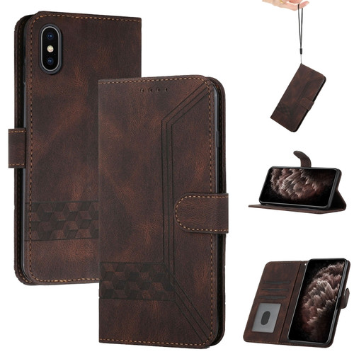 iPhone XS Max Cubic Skin Feel Flip Leather Phone Case - Brown