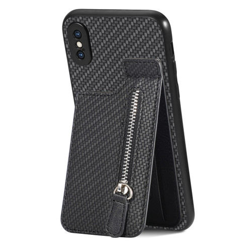 iPhone XS Max Carbon Fiber Vertical Flip Zipper Phone Case - Black