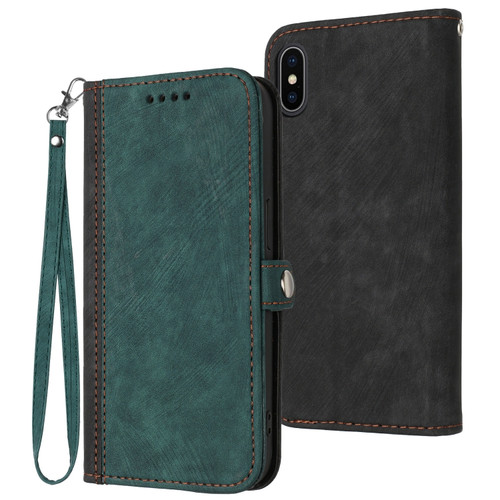 iPhone XS Max Side Buckle Double Fold Hand Strap Leather Phone Case - Dark Green