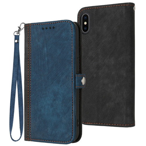 iPhone XS Max Side Buckle Double Fold Hand Strap Leather Phone Case - Royal Blue