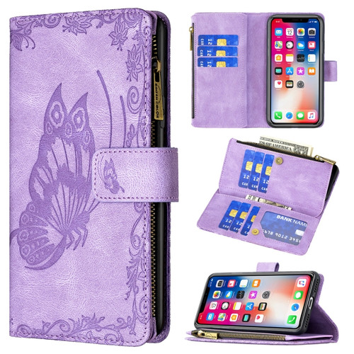 iPhone XS Max Flying Butterfly Embossing Pattern Zipper Horizontal Flip Leather Case with Holder & Card Slots & Wallet - Purple
