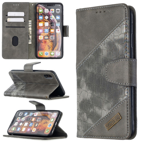 iPhone XS Max Matching Color Crocodile Texture Horizontal Flip PU Leather Case with Wallet & Holder & Card Slots - Grey