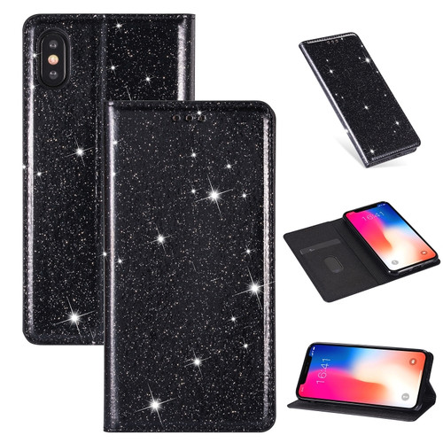 iPhone XS Max Ultrathin Glitter Magnetic Horizontal Flip Leather Case with Holder & Card Slots - Black