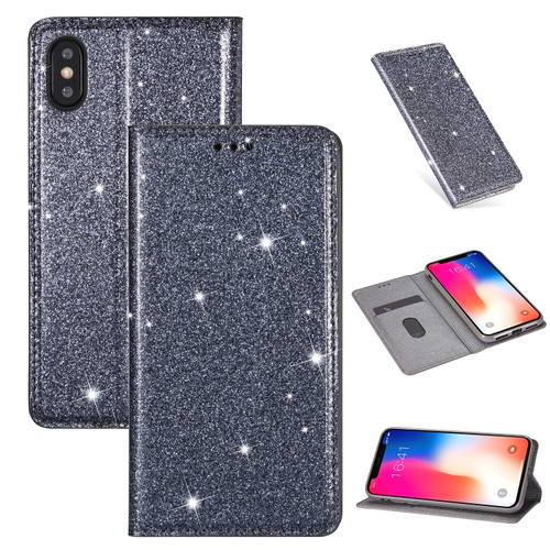 iPhone XS Max Ultrathin Glitter Magnetic Horizontal Flip Leather Case with Holder & Card Slots - Gray