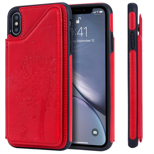 iPhone XS Max Cat Tree Embossing Pattern Shockproof Protective Case with Card Slots & Photo Frame - Red