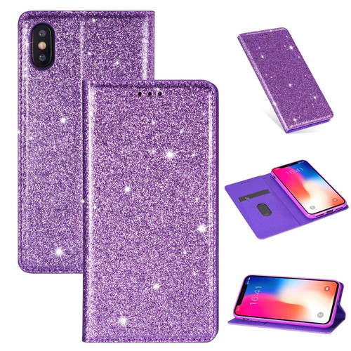 iPhone XS Max Ultrathin Glitter Magnetic Horizontal Flip Leather Case with Holder & Card Slots - Purple