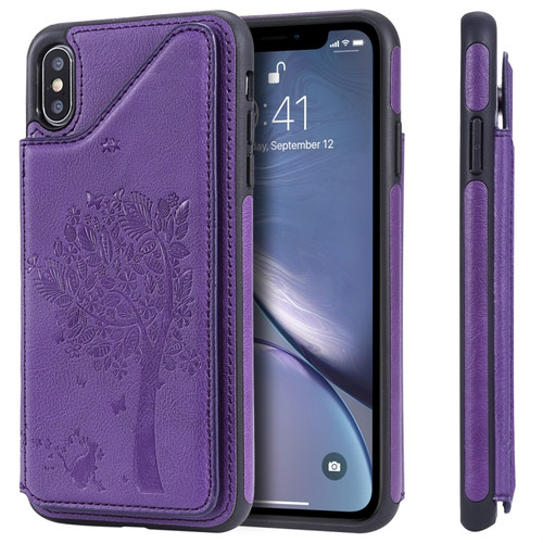 iPhone XS Max Cat Tree Embossing Pattern Shockproof Protective Case with Card Slots & Photo Frame - Purple