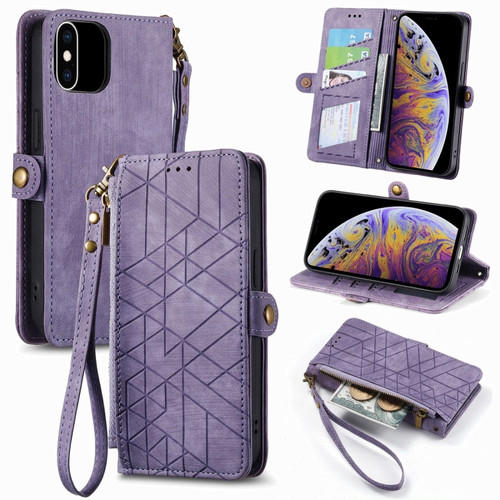 iPhone XS Max Geometric Zipper Wallet Side Buckle Leather Phone Case - Purple