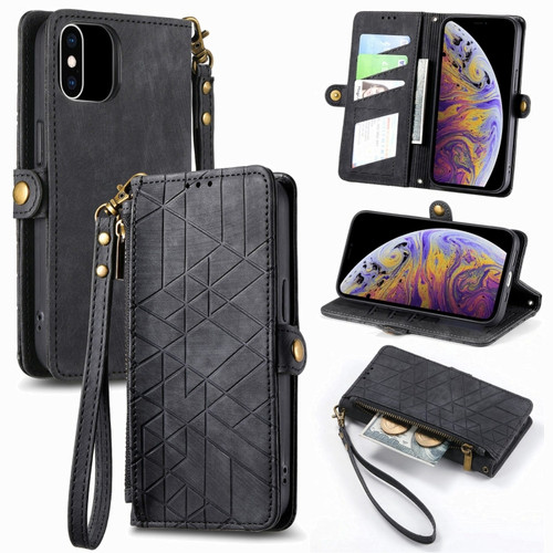 iPhone XS Max Geometric Zipper Wallet Side Buckle Leather Phone Case - Black