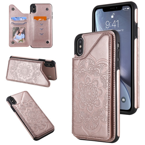 iPhone XS Max Flower Embossing Pattern Shockproof Protective Case with Holder & Card Slots & Photo Frame - Rose Gold