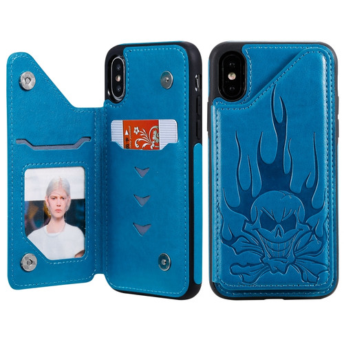 iPhone XS Max Skull Head Embossing Pattern Shockproof Protective Case with Holder & Card Slots & Wallet - Blue