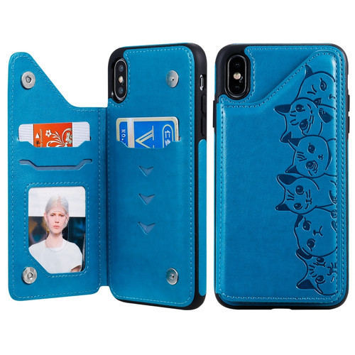 iPhone XS Max Six Cats Embossing Pattern Protective Case with Holder & Card Slots & Photo Frame - Blue