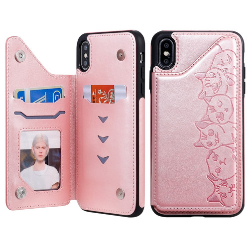 iPhone XS Max Six Cats Embossing Pattern Protective Case with Holder & Card Slots & Photo Frame - Rose Gold