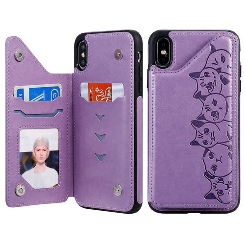 iPhone XS Max Six Cats Embossing Pattern Protective Case with Holder & Card Slots & Photo Frame - Purple