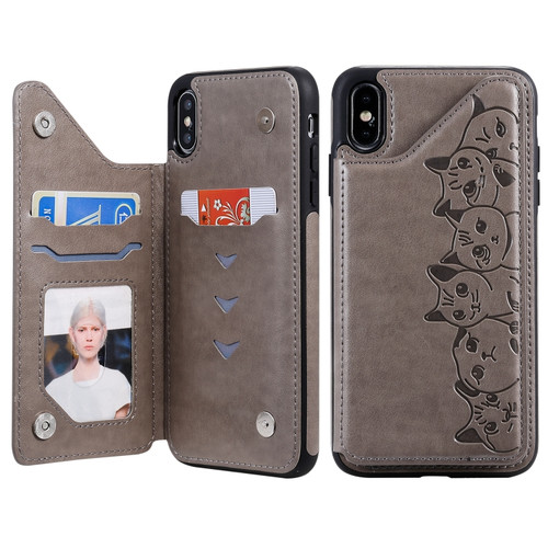 iPhone XS Max Six Cats Embossing Pattern Protective Case with Holder & Card Slots & Photo Frame - Grey