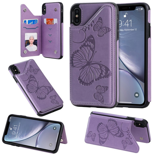 iPhone XS Max Butterfly Embossing Pattern Shockproof Protective Case with Holder & Card Slots & Photo Frame - Purple