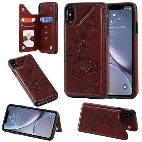 iPhone XS Max Butterfly Embossing Pattern Shockproof Protective Case with Holder & Card Slots & Photo Frame - Brown