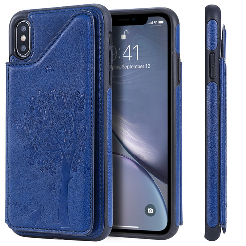 iPhone XS Max Cat Tree Embossing Pattern Shockproof Protective Case with Card Slots & Photo Frame & Holder - Blue