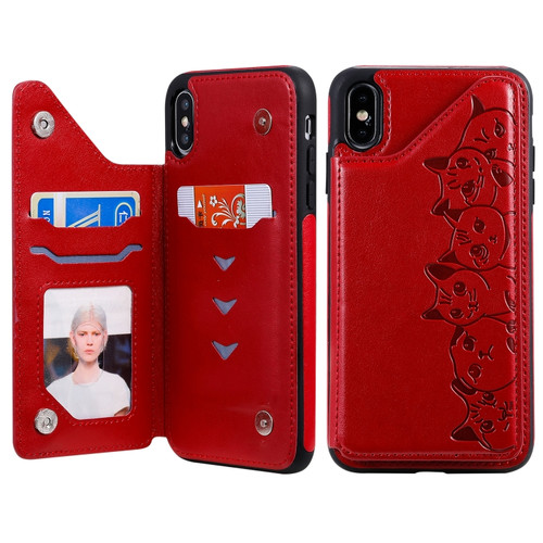iPhone XS Max Six Cats Embossing Pattern Protective Case with Holder & Card Slots & Photo Frame - Red