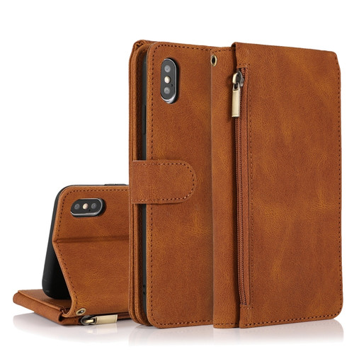iPhone XS Max Skin-feel Crazy Horse Texture Zipper Wallet Bag Horizontal Flip Leather Case with Holder & Card Slots & Wallet & Lanyard - Brown