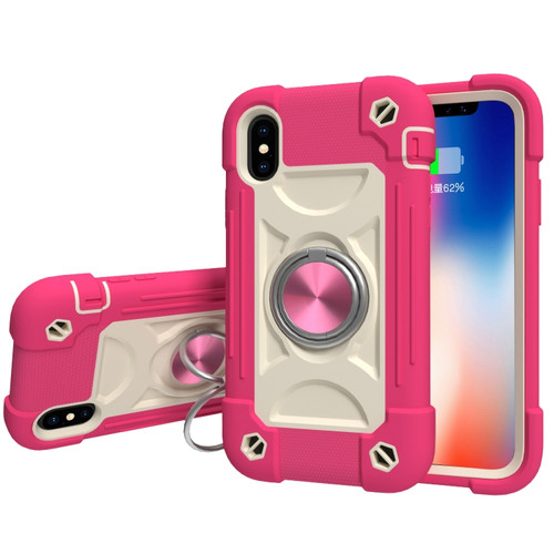 iPhone XS Max Shockproof Silicone + PC Protective Case with Dual-Ring Holder - Rose Red