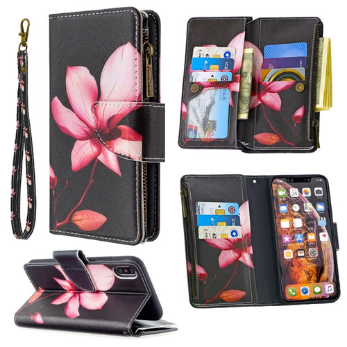 iPhone XS Max Colored Drawing Pattern Zipper Horizontal Flip Leather Case with Holder & Card Slots & Wallet - Lotus