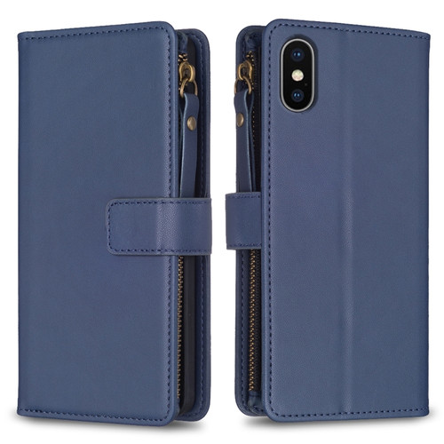 iPhone XS Max 9 Card Slots Zipper Wallet Leather Flip Phone Case - Blue