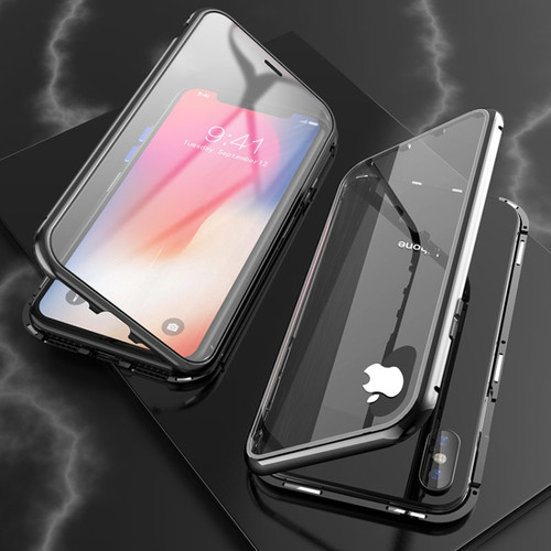 iPhone XS Max Ultra Slim Double Sides Magnetic Adsorption Angular Frame Tempered Glass Magnet Flip Case - Black