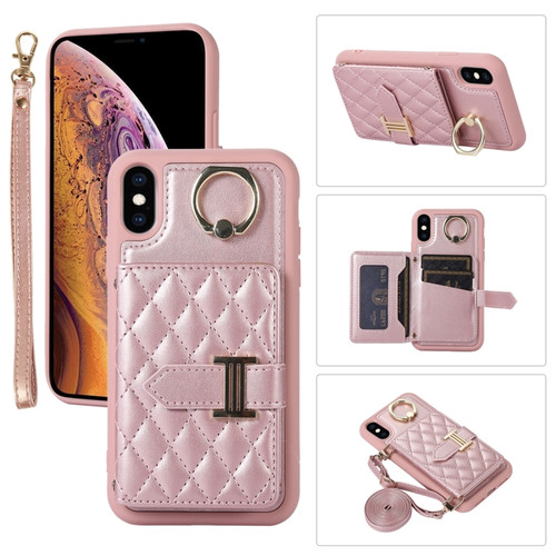 iPhone XS Max Horizontal Card Bag Ring Holder Phone Case with Dual Lanyard - Rose Gold