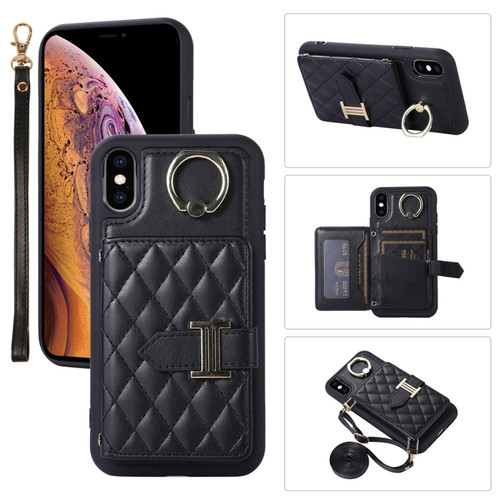 iPhone XS Max Horizontal Card Bag Ring Holder Phone Case with Dual Lanyard - Black