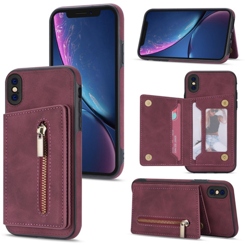 iPhone XS Max Zipper Card Holder Phone Case - Wine Red