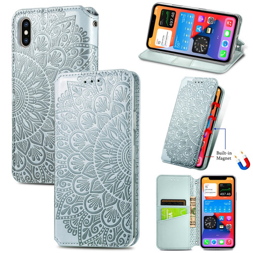 iPhone XS Max Blooming Mandala Embossed Pattern Magnetic Horizontal Flip Leather Case with Holder & Card Slots & Wallet - Grey