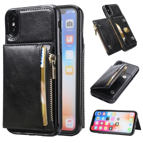 iPhone XS Max Zipper Wallet Bag PU Back Cover Shockrpoof Phone Case with Holder & Card Slots & Wallet - Black