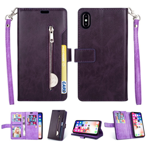 iPhone XS Max Multifunctional Zipper Horizontal Flip Leather Case with Holder & Wallet & 9 Card Slots & Lanyard - Purple