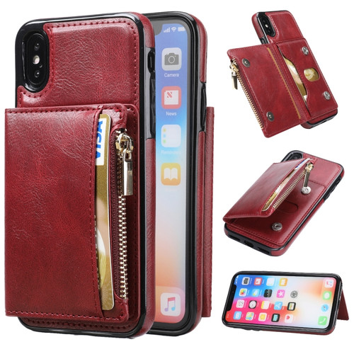 iPhone XS Max Zipper Wallet Bag PU Back Cover Shockrpoof Phone Case with Holder & Card Slots & Wallet - Red
