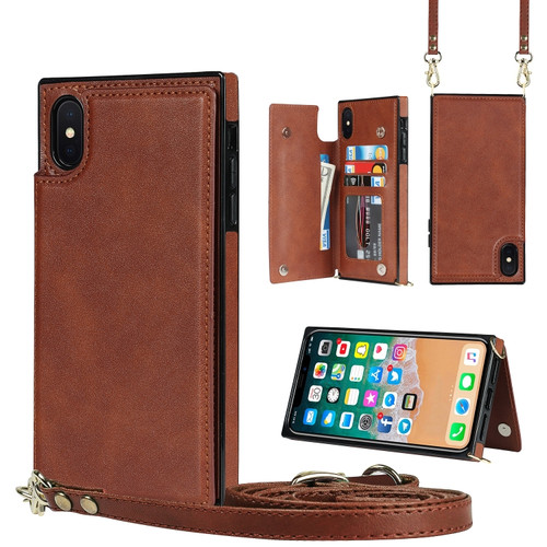 iPhone XS Max Cross-body Square Double Buckle Flip Card Bag TPU+PU Case with Card Slots & Wallet & Photo & Strap - Brown