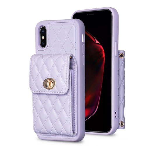 iPhone XS Max Vertical Metal Buckle Wallet Rhombic Leather Phone Case - Purple