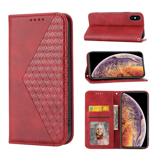 iPhone XS Max Cubic Grid Calf Texture Magnetic Closure Leather Phone Case - Red