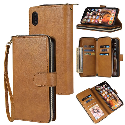 iPhone XS Max Zipper Wallet Bag Horizontal Flip PU Leather Case with Holder & 9 Card Slots & Wallet & Lanyard & Photo Frame - Brown