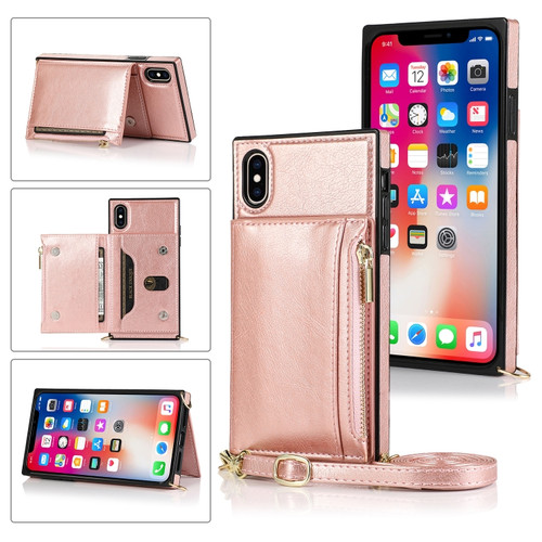 iPhone XS Max Square Zipper Wallet Bag TPU+PU Back Cover Case with Holder & Card Slots & Wallet & Cross-body Strap - Rose Glod