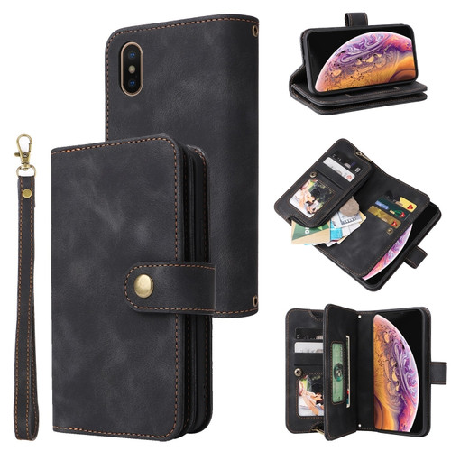 iPhone XS Max Multifunctional Card Slot Zipper Wallet Leather Phone Case - Black