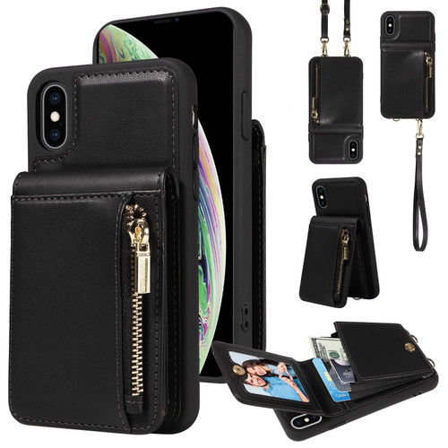 iPhone XS Max Crossbody Lanyard Zipper Wallet Leather Phone Case - Black