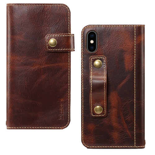 iPhone XS Max Denior Oil Wax Cowhide DK Magnetic Button Horizontal Flip Leather Case with Holder & Card Slots & Wallet - Brown