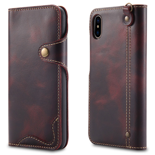 iPhone XS Max Denior Oil Wax Cowhide Magnetic Button Horizontal Flip Leather Case with Card Slots & Wallet - Dark Red