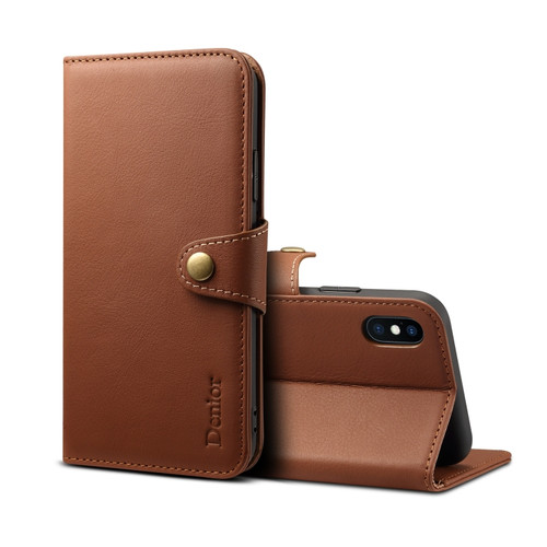 iPhone XS Max Denior V2 Luxury Car Cowhide Horizontal Flip Leather Case with Wallet - Brown