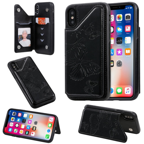 iPhone X & XS Butterfly Embossing Pattern Shockproof Protective Case with Holder & Card Slots & Photo Frame - Black