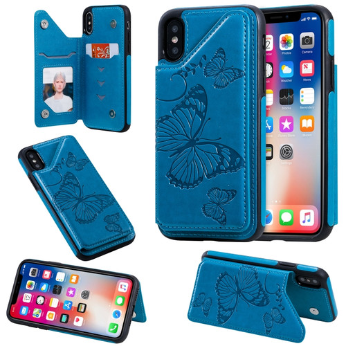 iPhone X & XS Butterfly Embossing Pattern Shockproof Protective Case with Holder & Card Slots & Photo Frame - Blue
