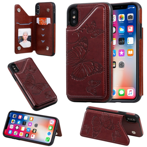 iPhone X & XS Butterfly Embossing Pattern Shockproof Protective Case with Holder & Card Slots & Photo Frame - Brown
